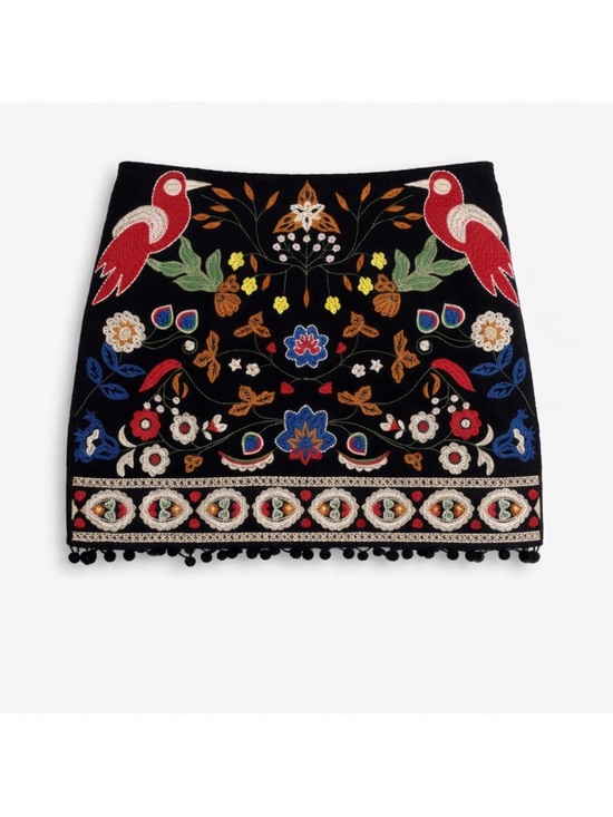 Umgee Dresses & Skirts - Umgee Boho Festival Embroidered Mini Skirt Birds Floral Pom Trim – Size Small